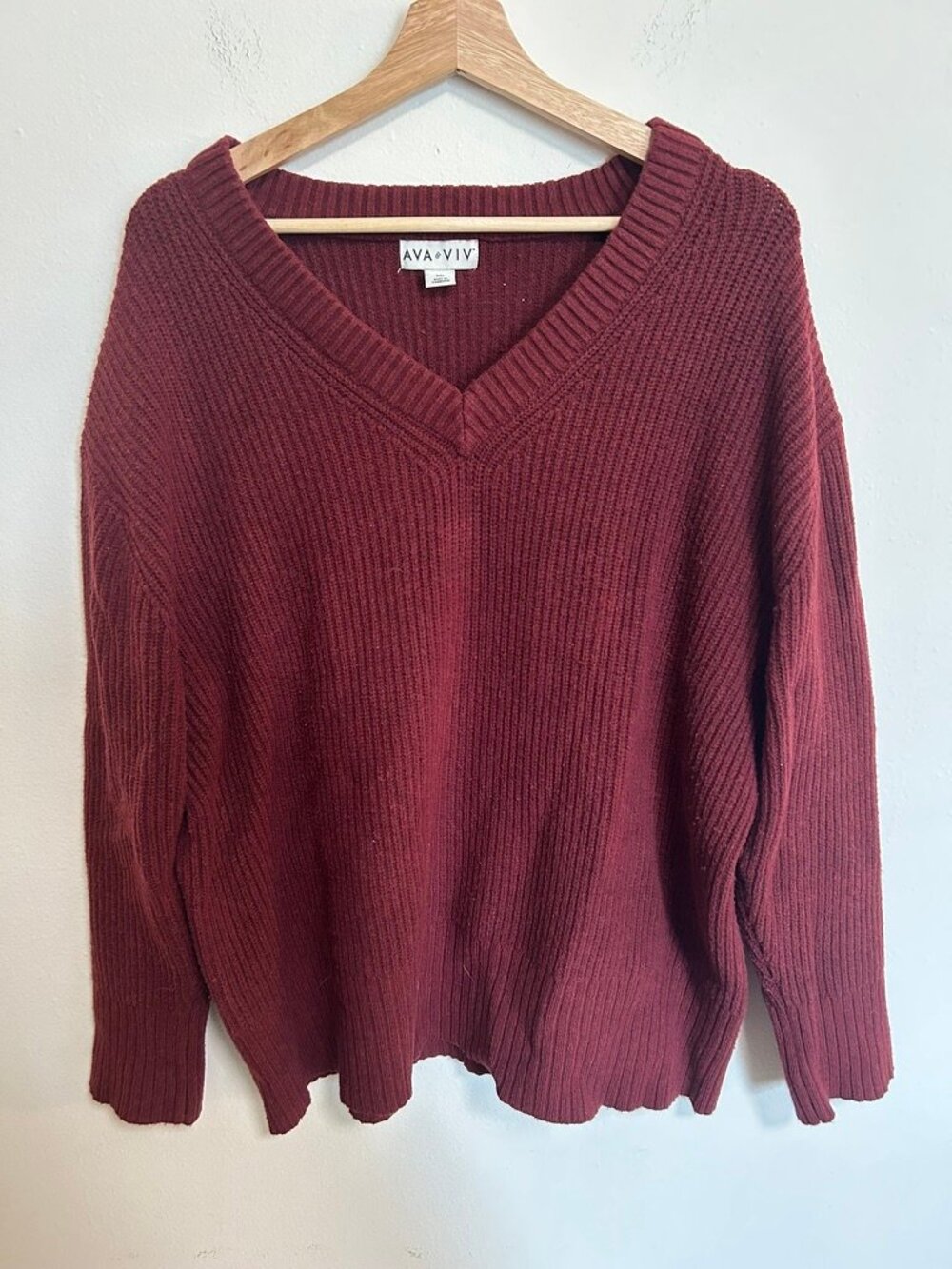 Ava + Viv Maroon Rib Knit V Neck Sweater Cotton Blend Sz XXL EUC
